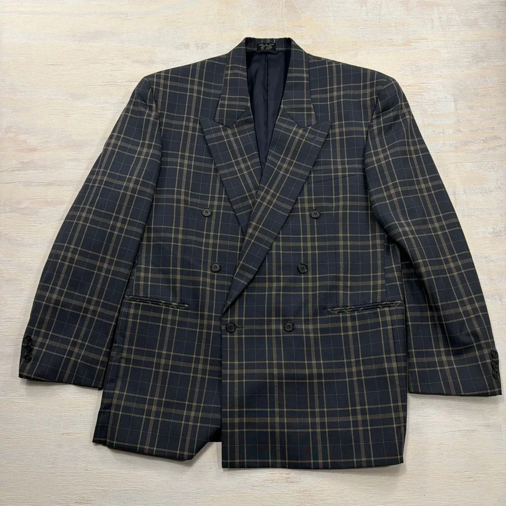 Raspinni Uomo Blazer Double Breasted Plaid Virgin Wool Navy Blue Mens 42R